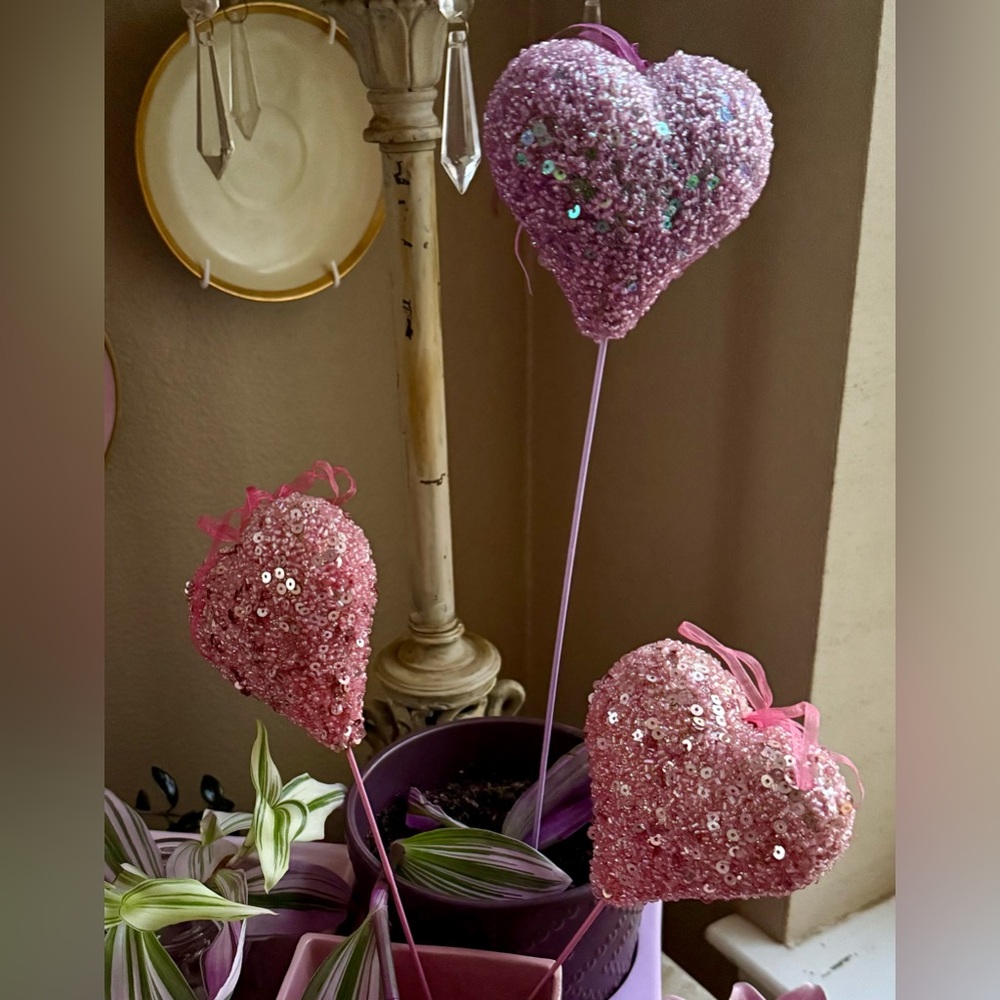 Set Of 3 pink Sequins Hearts. Home decoration. New - Picture 4 of 12